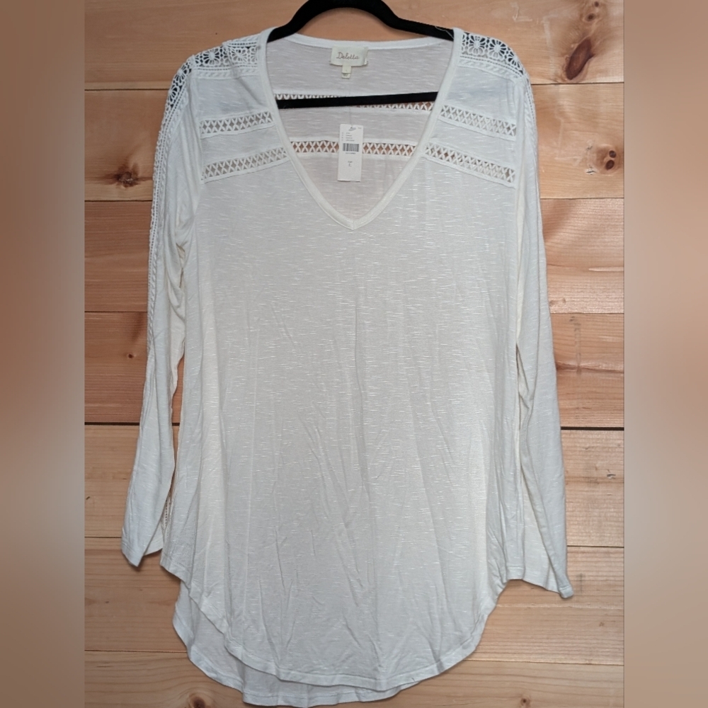 Anthropologie Deletta Cream Long Sleeve Top with Lace Accents - Picture 1 of 3